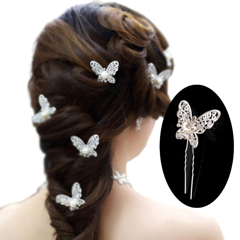 Pack of 20 Butterfly Pearl Crystal Hair Pin Bride Headwear Hair Accessories (Silver)