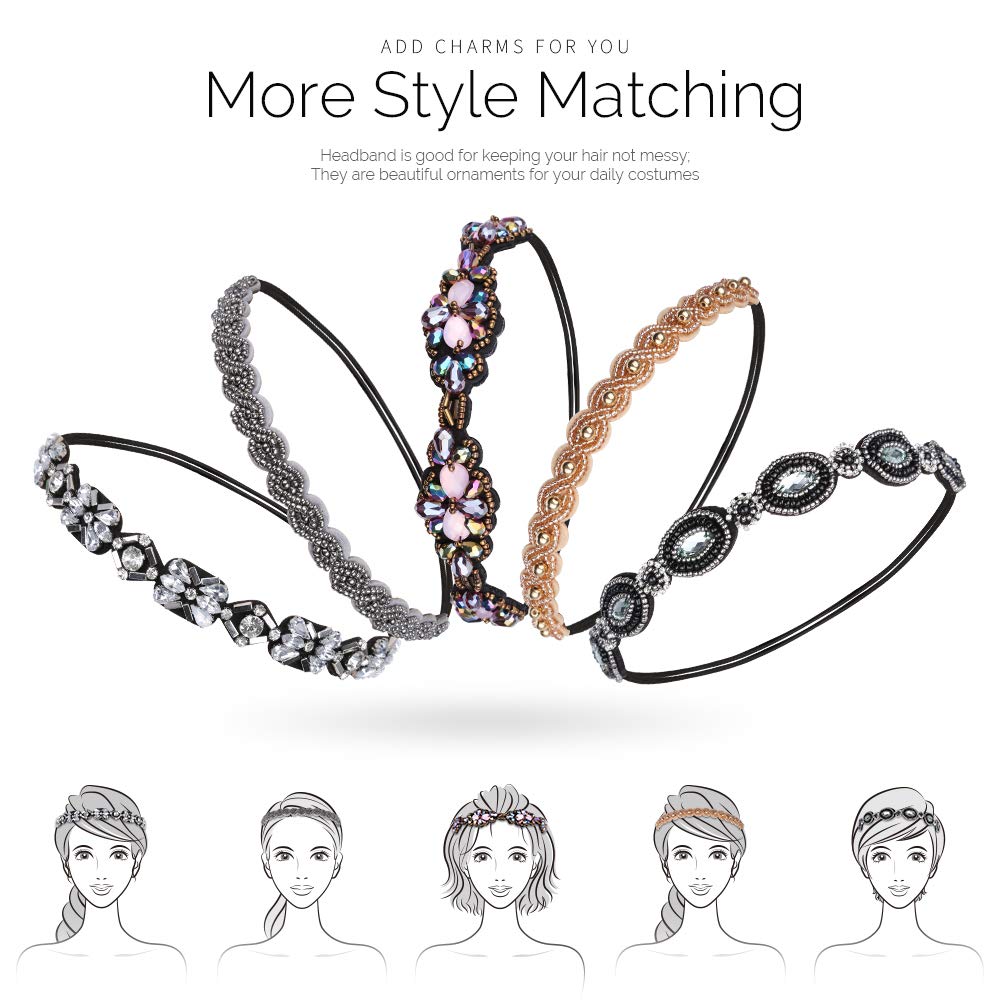 Elastic Beaded Headbands, 5pcs Beads Headband,Jewels Headband,Crystal Rhinestone Headband for Women Girls