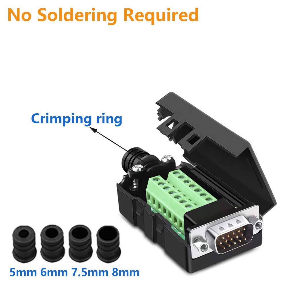 4Packs VGA DB15 3 Row Solderless Male Quick Connector, 3+9 D-SUB 15 Pin Port Terminal Solderfree Breakout Connector Board with Case Accessories Long Bolts