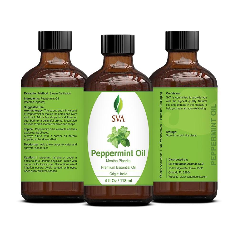 SVA Peppermint Piperita Essential Oil – 4 Fl Oz – 100% Natural Piperita Oil - for Diffuser, Hair Care, Face, Skin Care, Aromatherapy, Scalp and Body Massage, Soap and Candle Making - with Dropper