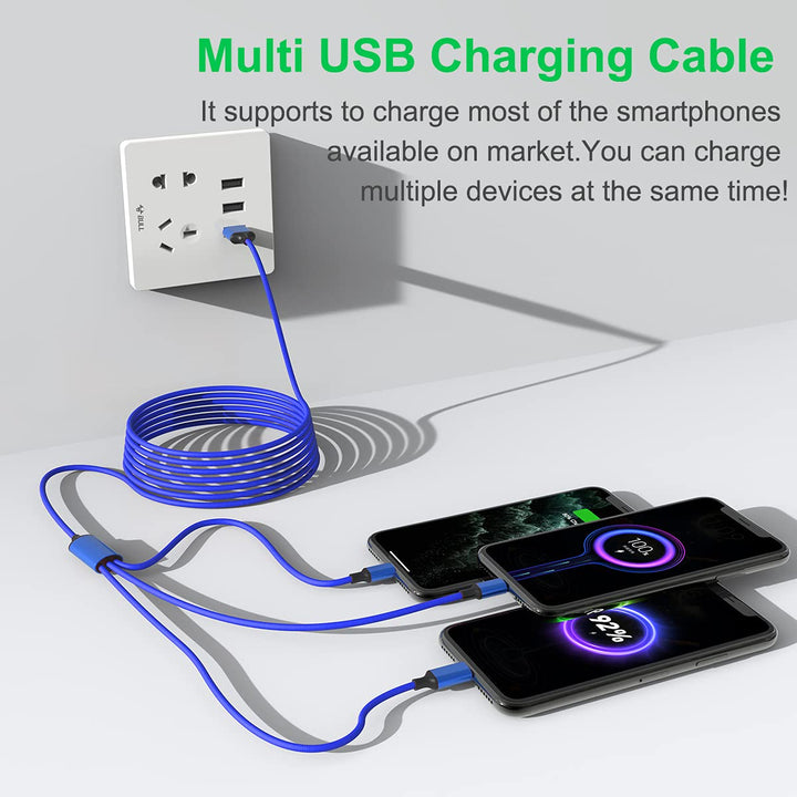 Multi 3 in 1 USB Long iPhone Charging Cable, 3M/10Ft Nylon Braided Universal Phone Charger Cord USB C/Micro USB/Lightning Connector Adapter for Android/Apple/Samsung/LG/Pixel/Huawei/XiaoMi(Blue)