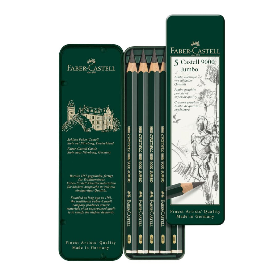 5 Piece Quality Castell 9000 Jumbo Graphite Pencils in a Tin, Including HB, 2B, 4B, 6B and 8B,Black