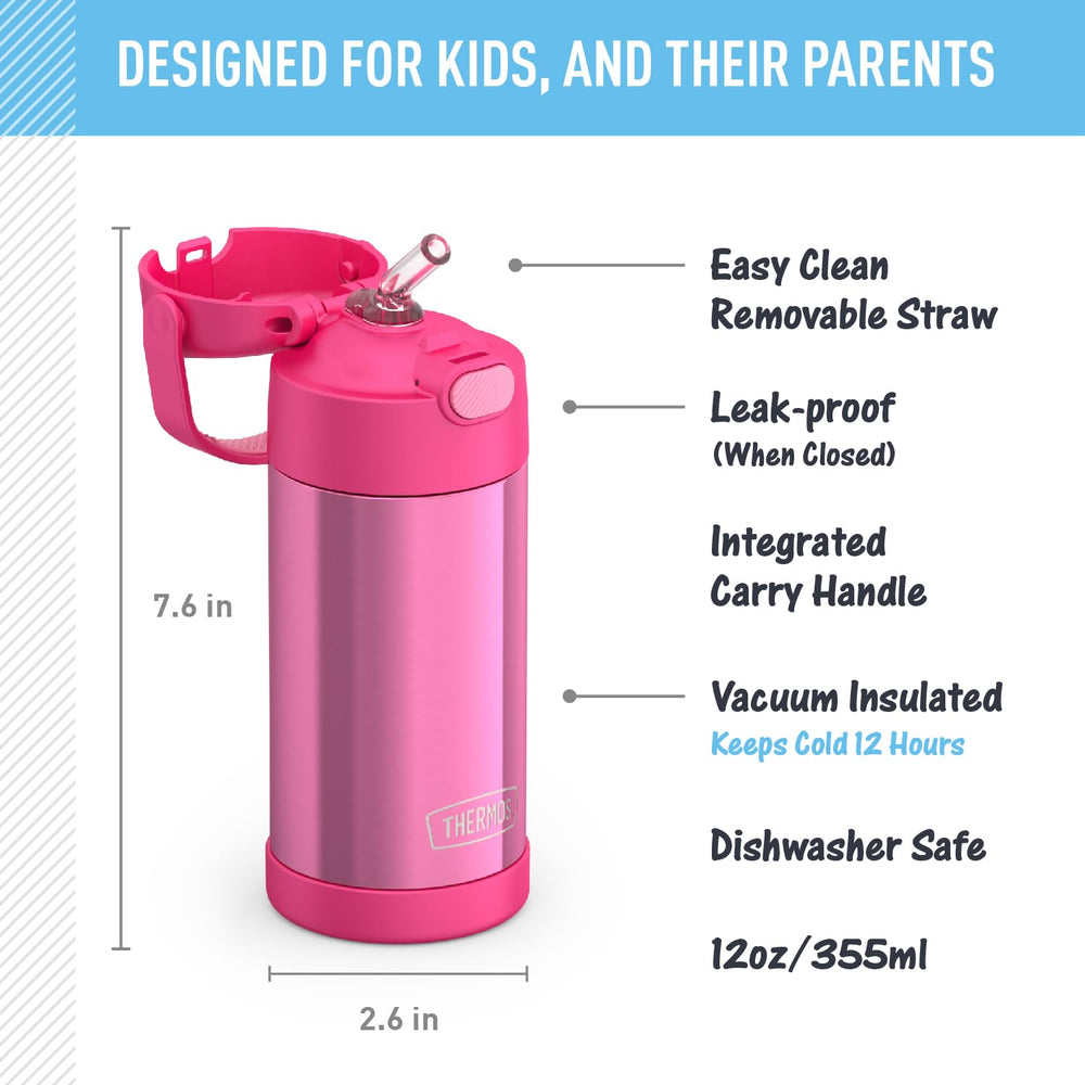 FUNTAINER Water Bottle with Straw - 12 Ounce, Pink - Kids Stainless Steel Vacuum Insulated Water Bottle with Lid