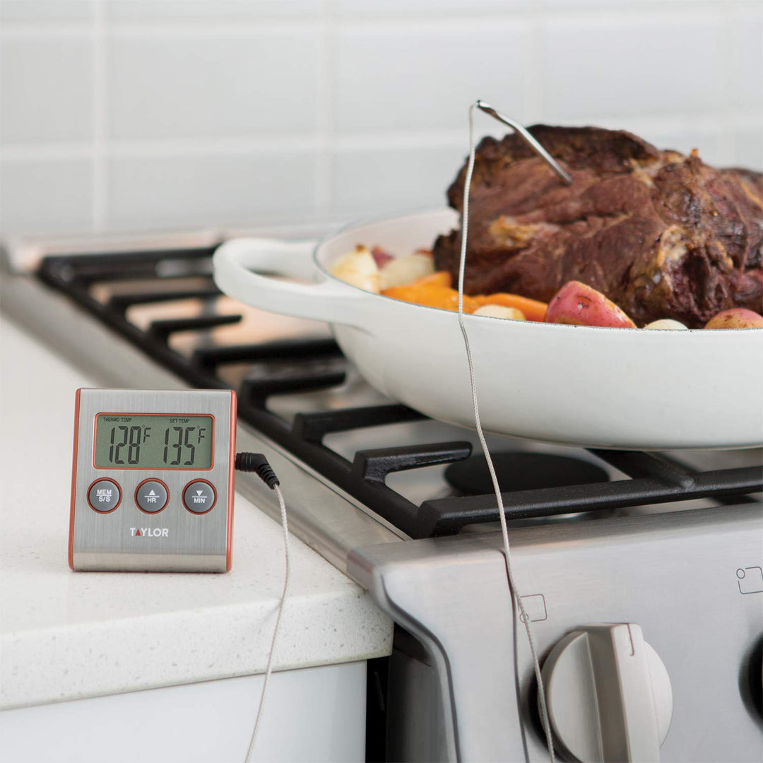Instant Read Wired Probe Digital Meat Food Grill BBQ Cooking Kitchen Thermometer with Timer Alarm, Red