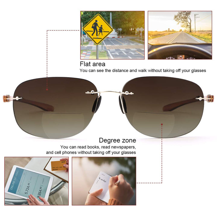 2 Pairs Rimless Bifocal Reading Glasses UV400 Protection Sunglasses Blue Light Blocking Lightweight Sun Readers for Unisex Men Women Outdoor Driving Safety Eyeglasses Tinted Lens Shades Eyewear 2.0