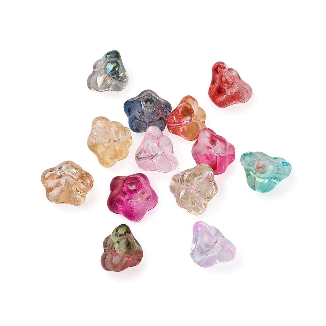 Pandahall 130Pcs Electroplate Glass Trumpet Flower Beads 8.5x8x5.5mm Colorful Mini Transparent Trumpet Floral Glass Spacer Beads for Jewelry Craft Making