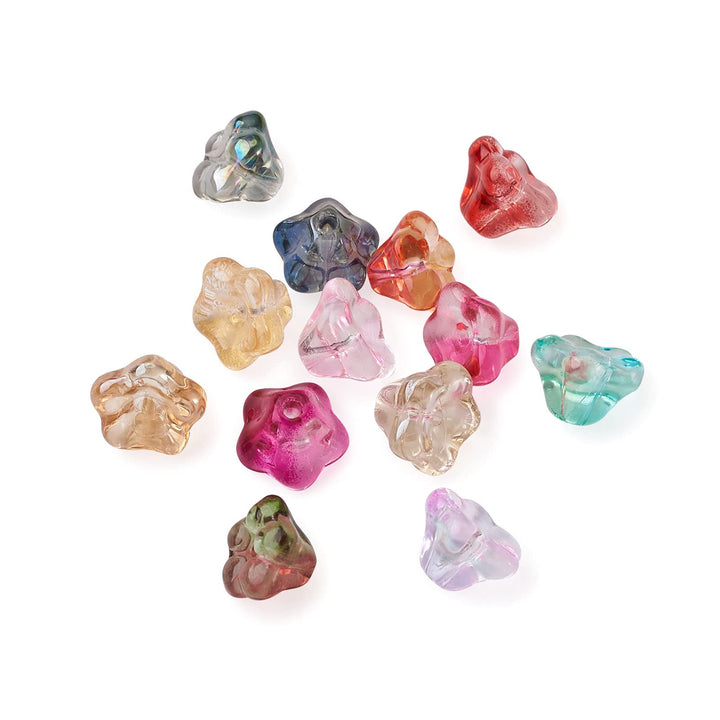 Pandahall 130Pcs Electroplate Glass Trumpet Flower Beads 8.5x8x5.5mm Colorful Mini Transparent Trumpet Floral Glass Spacer Beads for Jewelry Craft Making