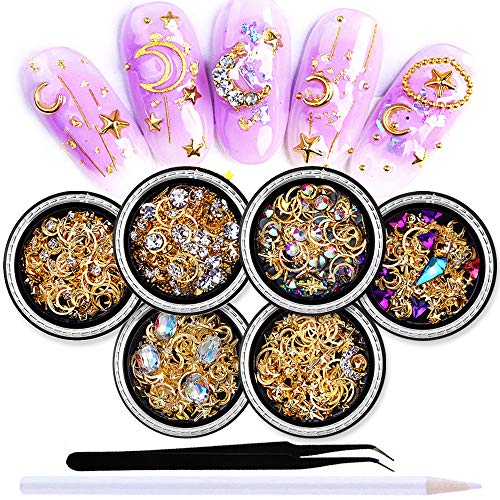 6 Boxes 3d Nail Rhinestones And Studs Gold Nail Rivets Set Nail Crystals Clear Nail Jewelry Decorations Manicure Kit With 1Pc Tweezers And Picker Pencil