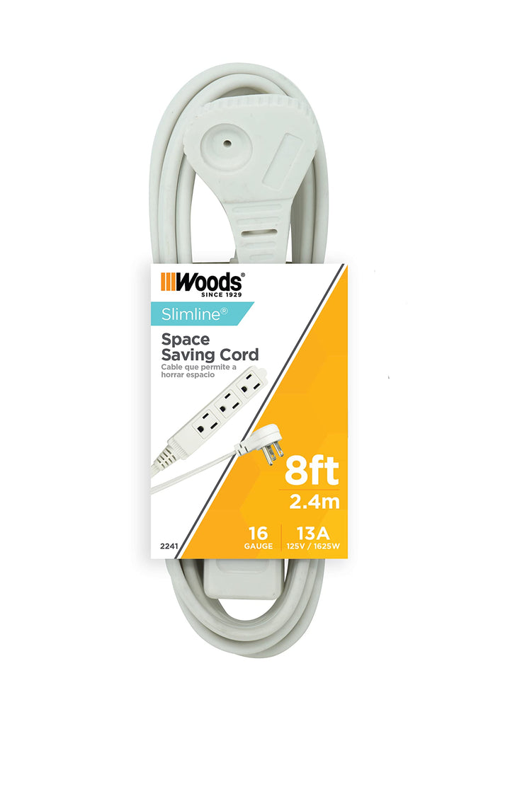 Slimline 2241 Flat Plug Extension Cord, 3-Wire, White, 8-Foot