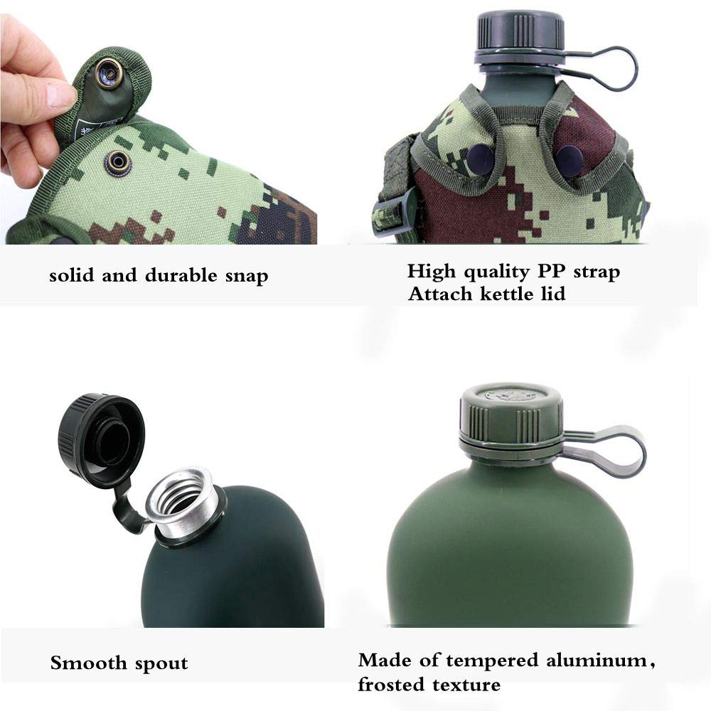 Military Canteen Water Bottle, Aluminium Water Canteen Reinforced Nylon Cover Belt Holster, Portable Water Bottles with Shoulder Strap (Woodland Camouflage 1.2 L)