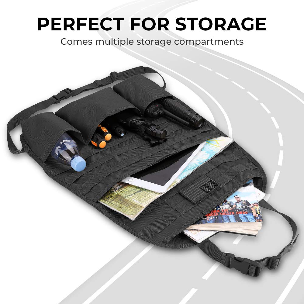 Car Seat Back Organizer, 2 Pack Universal Molle Seat Back Organizer, Tactical Molle Vehicle Panel Car Seat Cover Protector Compatible with Wrangler SUV Truck with 3 Storage Pouch - Black
