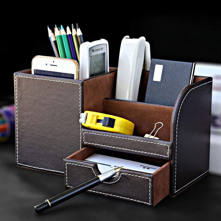 Desk Organizer Office Supplies Caddy Pu Leather Multi-function Storage Box Pen/Pencil,Cell phone, Business Name Cards Remote Control Holder with Small Drawer Brown