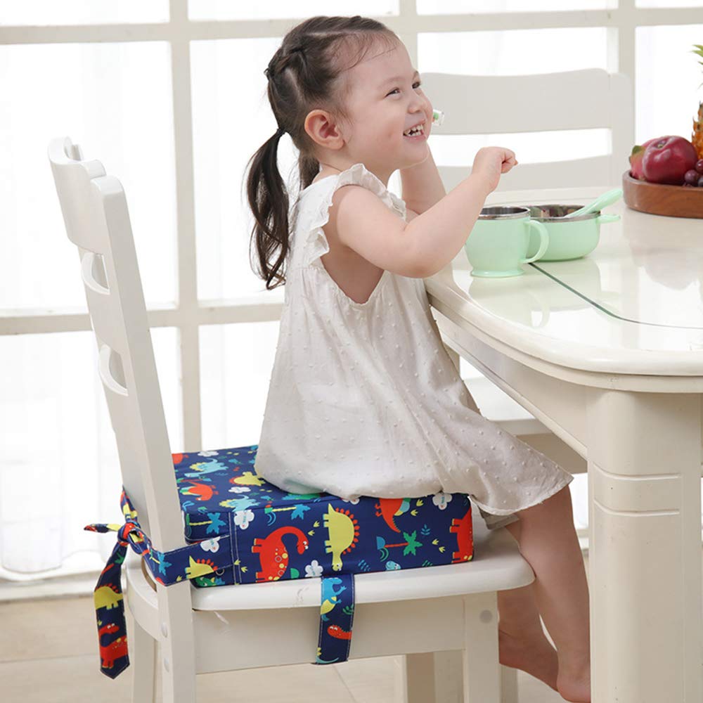 Toddler Booster Seat Cushion for Dining Table,Chair Increasing Cushion for Children,Highchair Booster Cushion Washable Cloth Square Kids Seat Cushion with Straps (Dinosaur Blue)