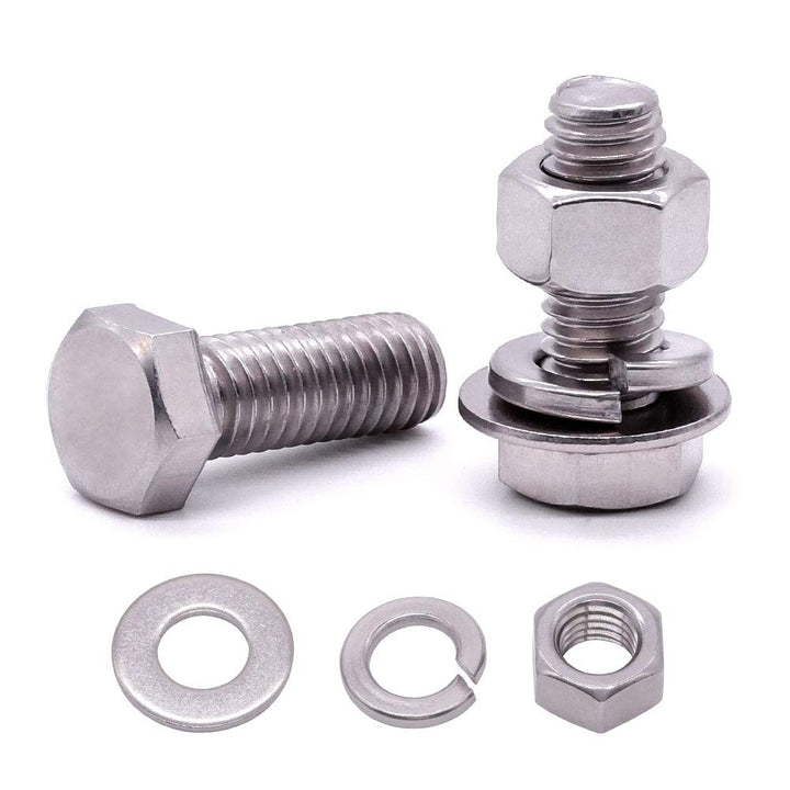 M6 x 12mm (10 Sets) Stainless Steel Hex Bolts with Hex Nuts, Flat Washers and Lock Washers, Hexagon Bolts with Nuts and Washers, Full Thread Coveraage, Coarse Thread UNC
