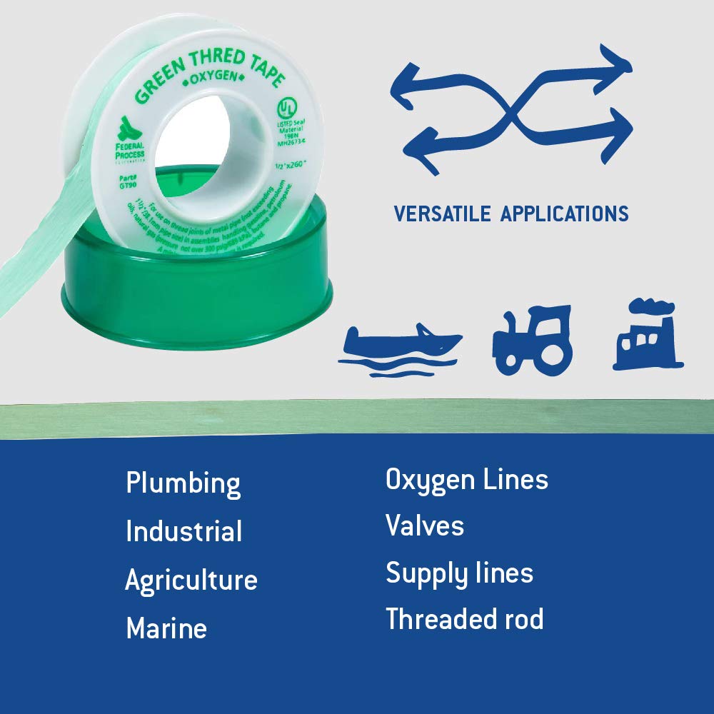 Green PTFE Thread Seal Tape – Professional-Grade, 1/2 Inch x 260 Inch, High-Density Thread Tape for Oxygen Lines – Leak-Proof Seal, Non-Toxic, 3 Pack