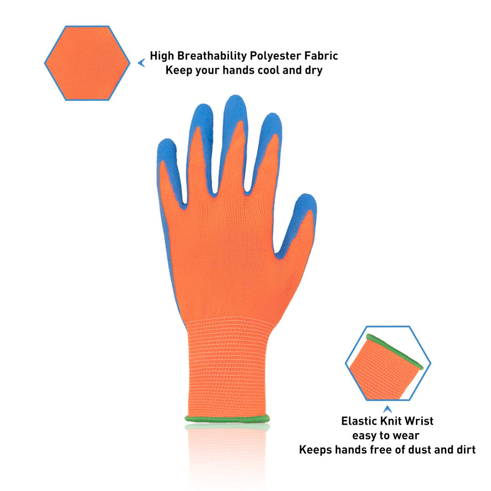 Kids Gardening Gloves for Age 2-13, 3 Pairs Foam Rubber Coated Palm Garden Gloves for Boys Girls, Children Garden Gripper Gloves (Size 6 (Age 11-13), Orange 3 Pairs)