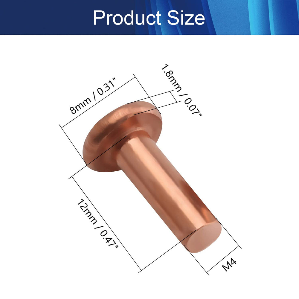 Flat Head Solid Copper Rivets Nuts Copper Flat Head Semi-Tubular Rivets for Household Automobile Industry Brass Tone 4x12mm 50PCS