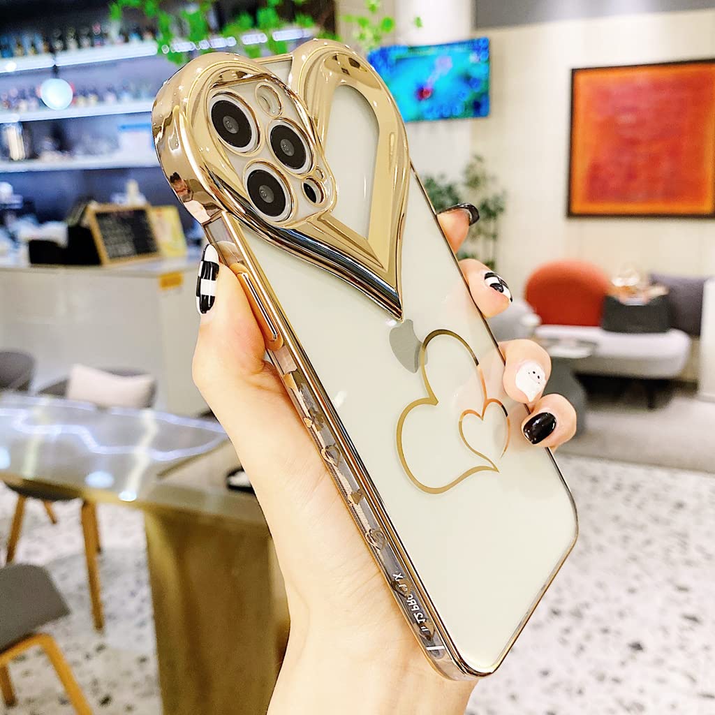 Compatible with Phone 13 Pro Max Cute Case, Plating 3D Love Heart Luxury Case for Women Camera Protective Soft TPU Girly Case Cover Design for Phone 13 Pro Max- 6.7 inch (Clear)