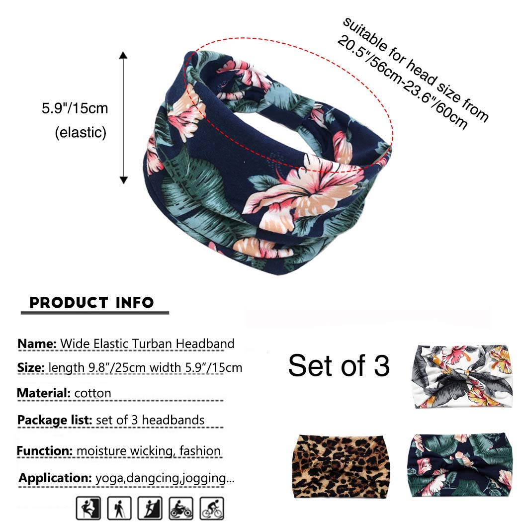 Boho Headbands Leopard Cross Hair Bands Bohemian Twist Head Wraps Stretchy Yoga Turban Headband Workout Head Scarfs Fashion Hair Accessories for Women and Girls Pack of 3