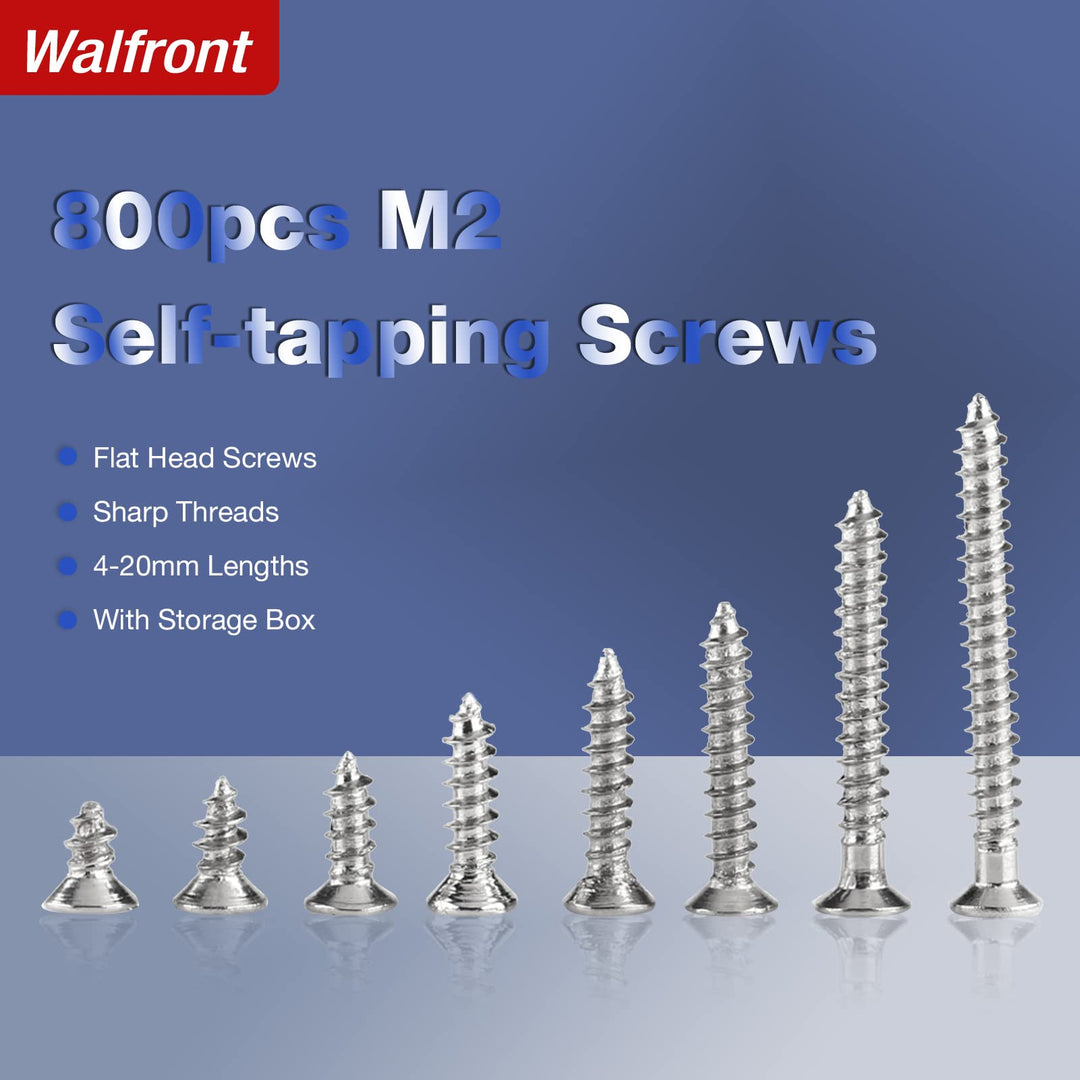 800pcs M2 Flat Head Screws Cross Drive Flat Head Self Tapping Screws Woodworking Fastener with Box