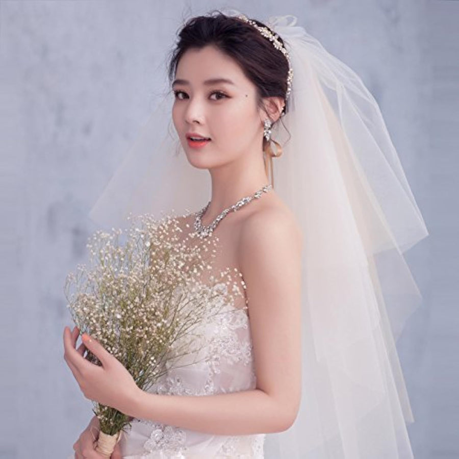 Wedding Lace 4 Layer White and Champagne Veil Drop Soft Tulle for Bride with Hair Comb Wide Lace Veil Chapel Veil Single Layer Veil Wedding Hair Accessories (White+Champagne)