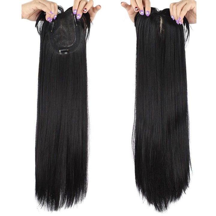 50cm Long Seamless Nature Look Clip in Hairpiece with Side-Fringe Extension Forehead Topper for Women with Thinning Hair Straight Black