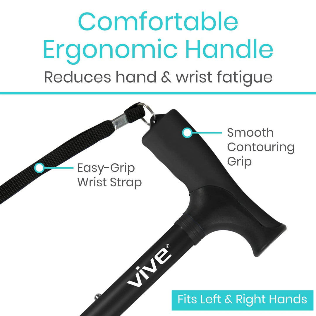 Foldable Walking Cane for Men, Women - Collapsible, Lightweight, Adjustable, Portable Hand Walking Stick - Balancing Mobility Aid - Sleek, Comfortable T Handles (Black)