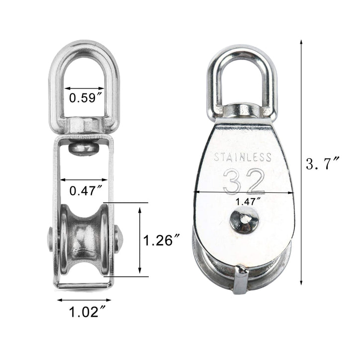 Single Pulley Block Sets, 304 Stainless Steel Lifting Single Pulley Block Cable Wire Towing Wheel with Snap Hook Clip (M32/32mm, 1PC)