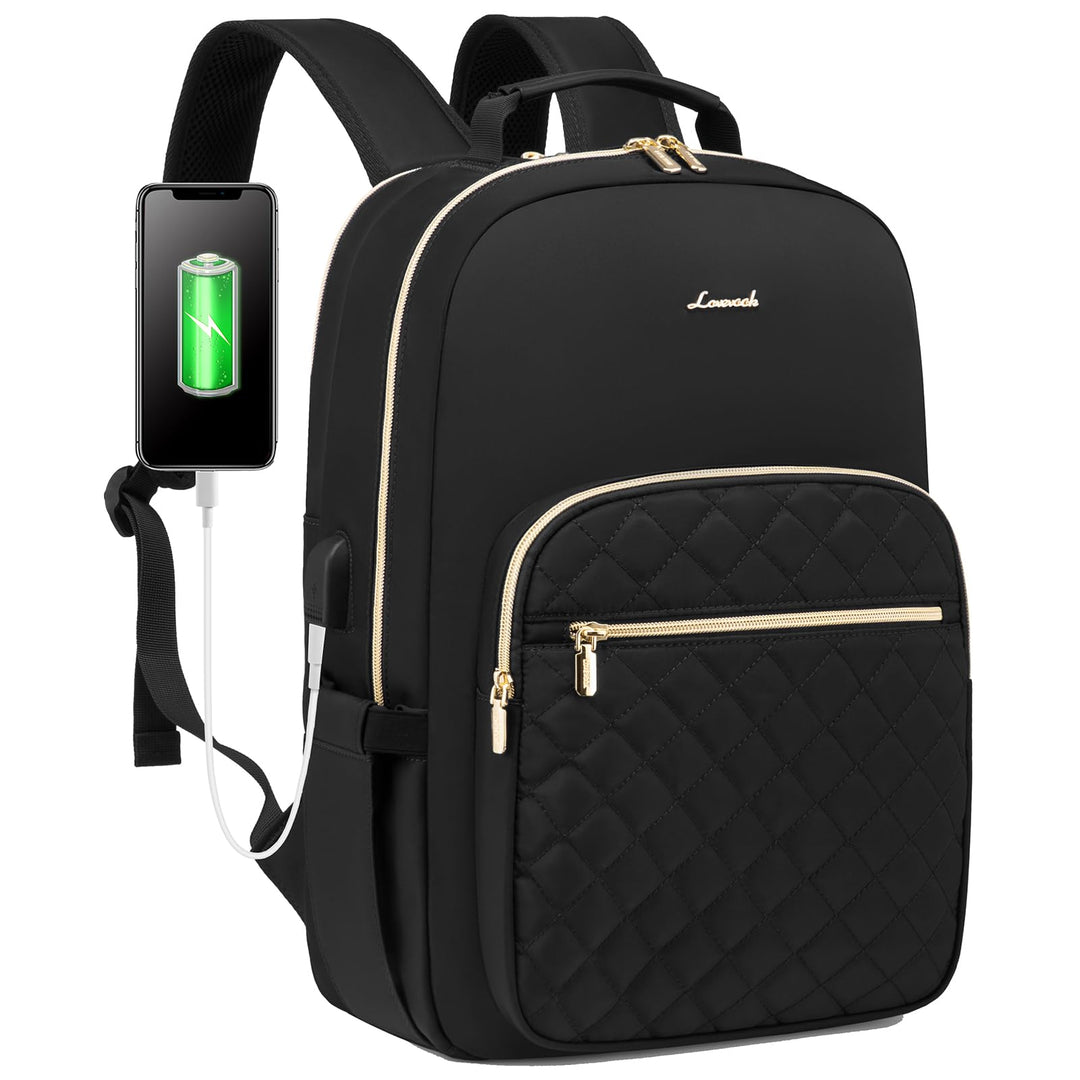 Laptop Backpack for Women, Stylish Quilted Backpacks Purse for Business Work Travel, Computer Bags Bag, with USB Port fits 15.6-inch Laptop, Black