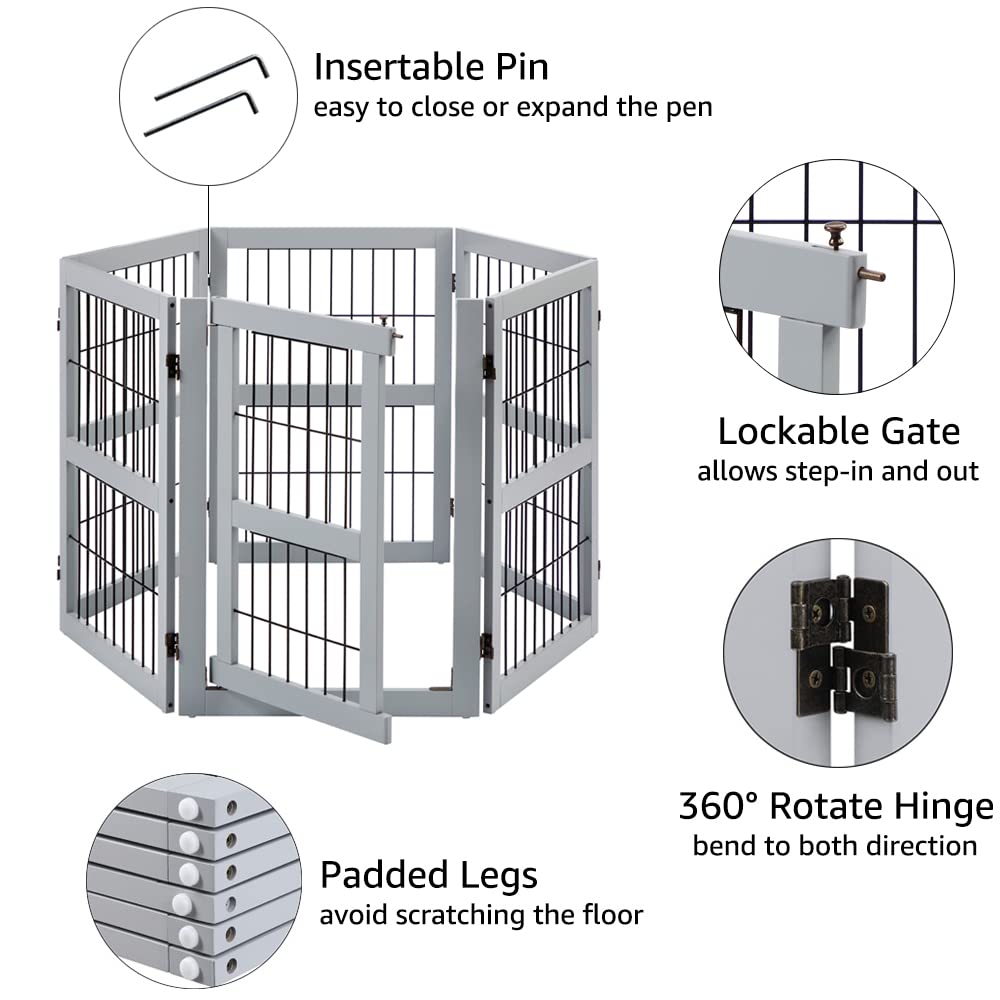 132 Extra Wide Dog Gate and Pet Playpen, Free Standing Tall Dog Fence with Walk Through Door, Dog Barriers for Home, Use as Indoor Dogs Cats Pen, Rabbit Pen, Grey