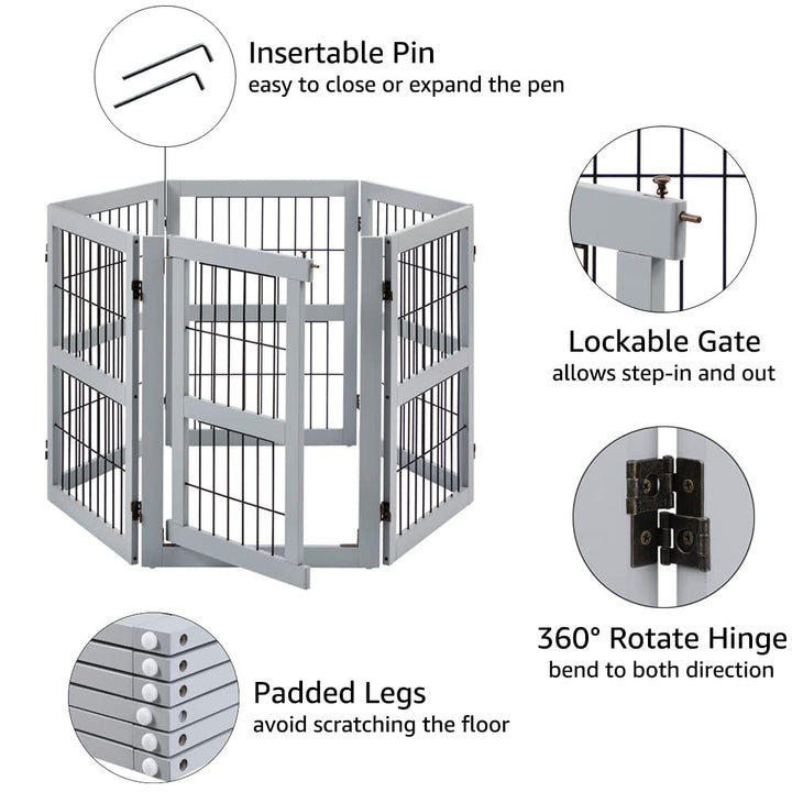 132 Extra Wide Dog Gate and Pet Playpen, Free Standing Tall Dog Fence with Walk Through Door, Dog Barriers for Home, Use as Indoor Dogs Cats Pen, Rabbit Pen, Grey
