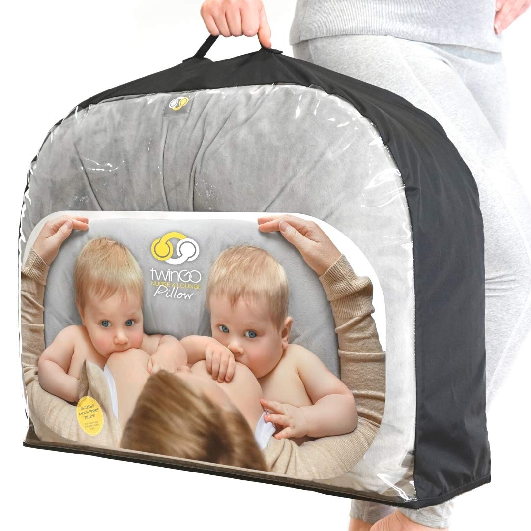 Nurse & Lounge Pillow (Grey) - Breastfeeding Pillow for Twins or Two Lounge Pillows || 8 uses || XS to Plus Size Woman || Preemie 0-12+ mo Babies