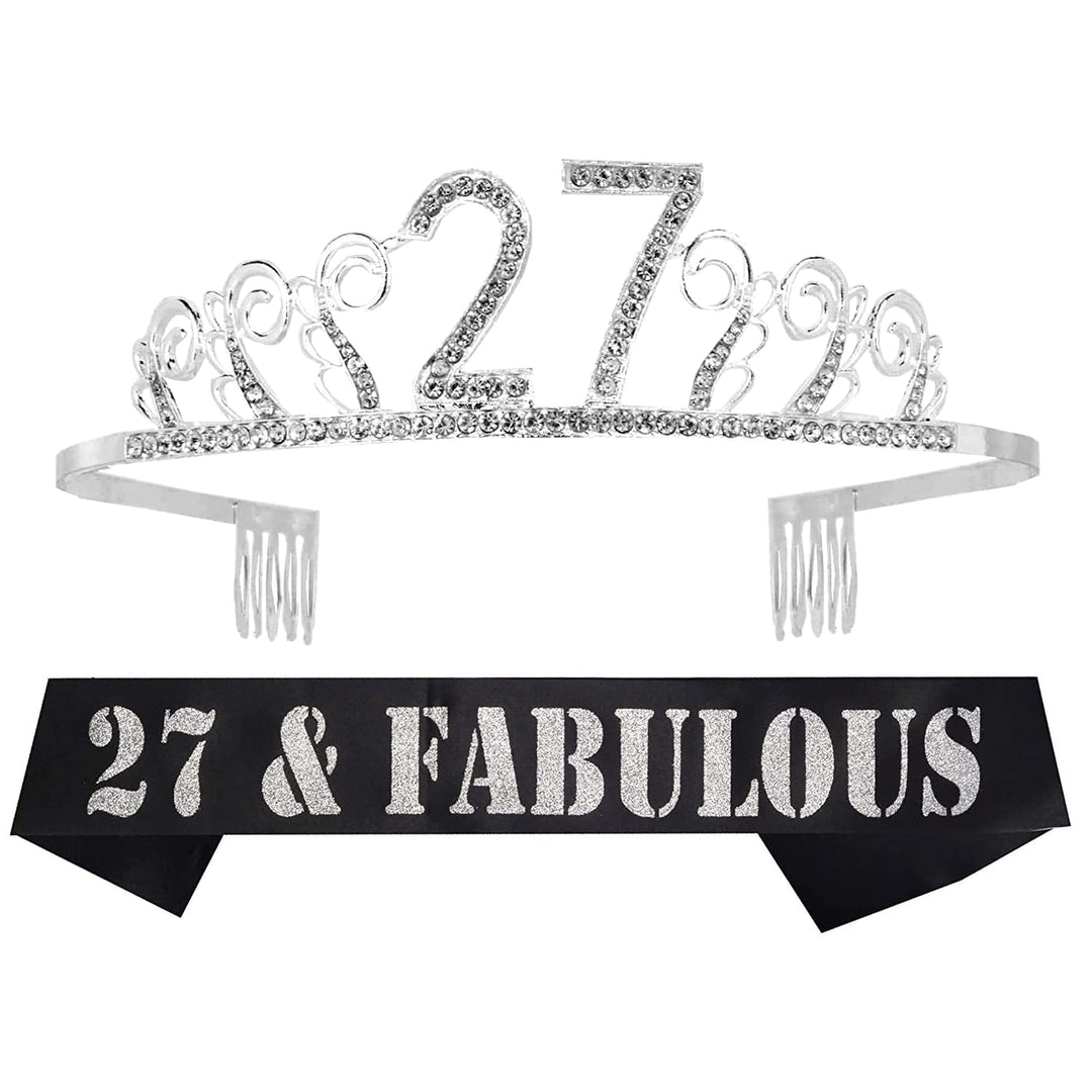 27th Birthday Tiara and Sash silver, 27th Birthday Gifts for woman, HAPPY 27th Birthday Party Supplies, 27 & Fabulous Glitter Satin Sash and Crystal Tiara Birthday Crown for 27th Birthday Party Suppli