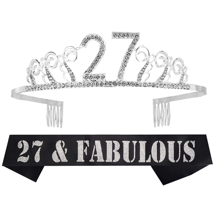 27th Birthday Tiara and Sash silver, 27th Birthday Gifts for woman, HAPPY 27th Birthday Party Supplies, 27 & Fabulous Glitter Satin Sash and Crystal Tiara Birthday Crown for 27th Birthday Party Suppli
