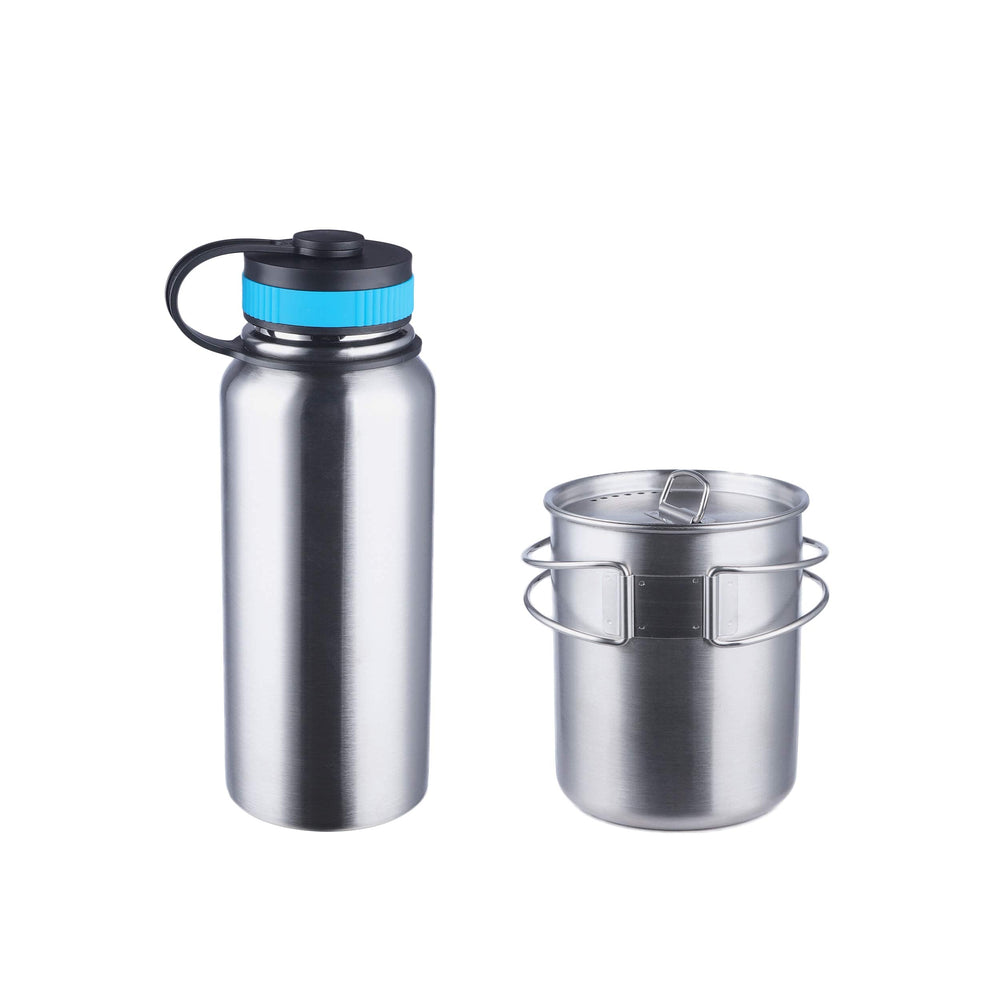 Canteen Stainless Steel Water Bottle with Nested Camping Cup and Lid for Bug Out Bag, Bushcraft Gear, Metal Canteen with a Wide Mouth Water Bottle and Mess Kit