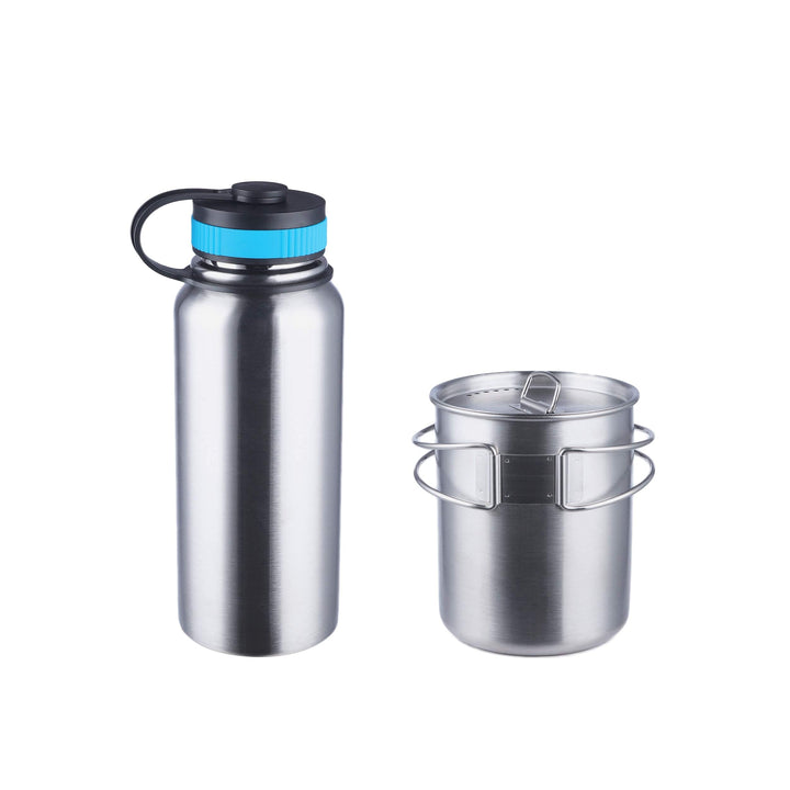 Canteen Stainless Steel Water Bottle with Nested Camping Cup and Lid for Bug Out Bag, Bushcraft Gear, Metal Canteen with a Wide Mouth Water Bottle and Mess Kit