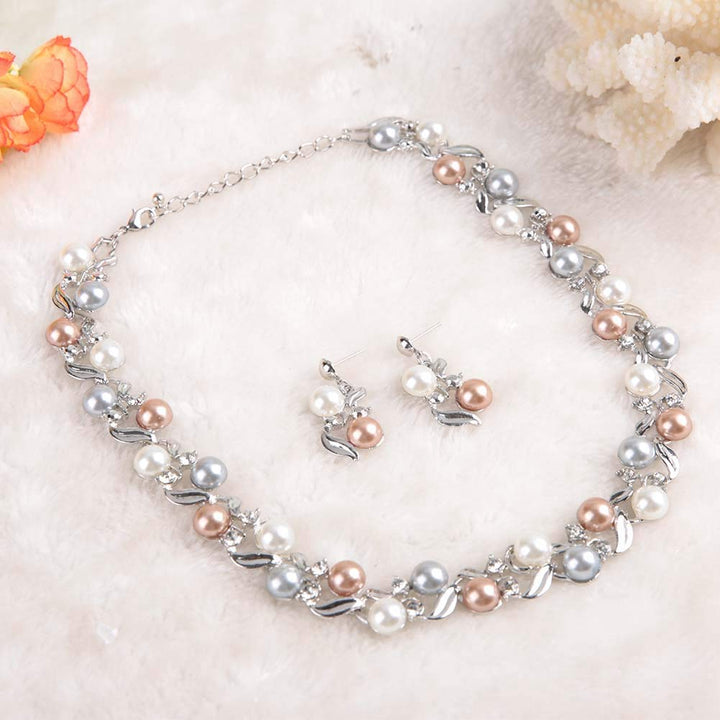 Women Faux Pearl Necklace Earrings Set , Bridal Jewelry Set with Rhinestone Jewelry Lady Mother's Day(silvery white)