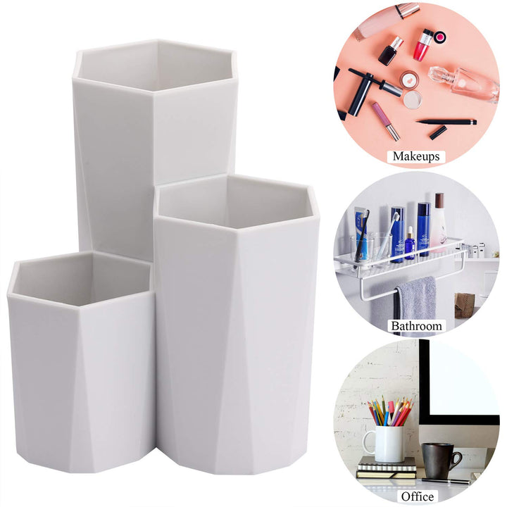 Plastic Makeup Brush Organizer Holder 3 Slot Cosmetic Storage Brushes Cup for Vanity, Desk, Bathroom Countertops (Gray)