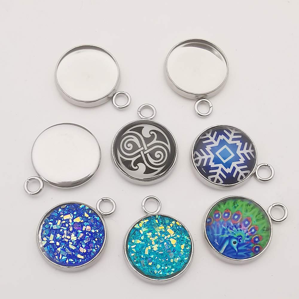 40 Pcs Fit 14mm Stainless Steel Round Blank Bezel Pendant Trays Base Cabochon Settings Charms for Jewelry Making (10163-14mm-40pcs)