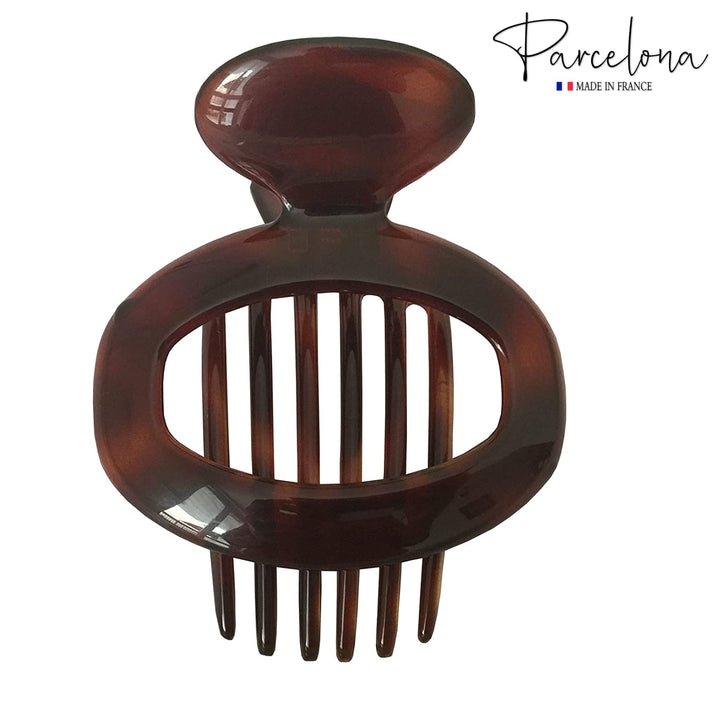 French Large Oval Shell Brown 4 Inches Celluloid Side Slide In Secure Grip Hair Updo Hinge Hair Claw