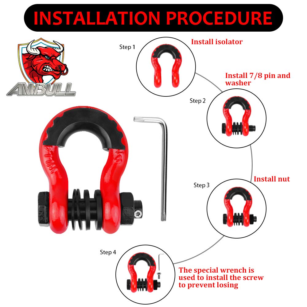 Shackles 3/4 D Ring Shackle (2 Pack) 45,000lb Break Strength with 7/8 Pin, Anti Theft Security Screws, Isolator & Washer Kits for Use with Tow Strap Winch Truck Vehicle Recovery, Red