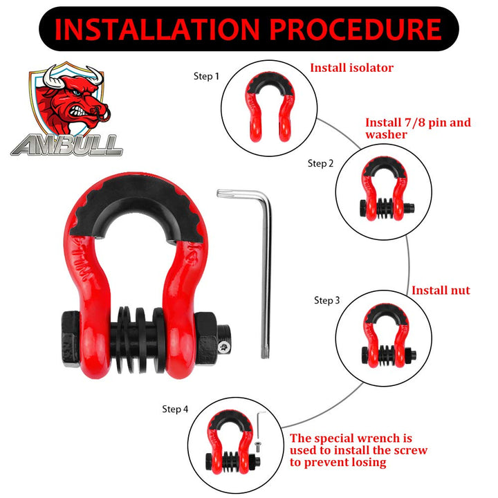Shackles 3/4 D Ring Shackle (2 Pack) 45,000lb Break Strength with 7/8 Pin, Anti Theft Security Screws, Isolator & Washer Kits for Use with Tow Strap Winch Truck Vehicle Recovery, Red