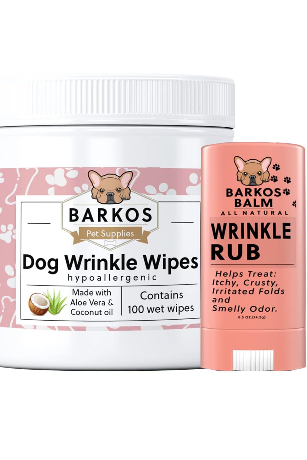 Wrinkle Wipes + Wrinkle Balm For Dogs | Bulldog, French Bulldog, Pug, English Bulldog | Cleans & Soothes Wrinkles, Folds, Tear Stain, Tail Pockets & Paws, Anti-Itch | 100 Soft Cotton Pads