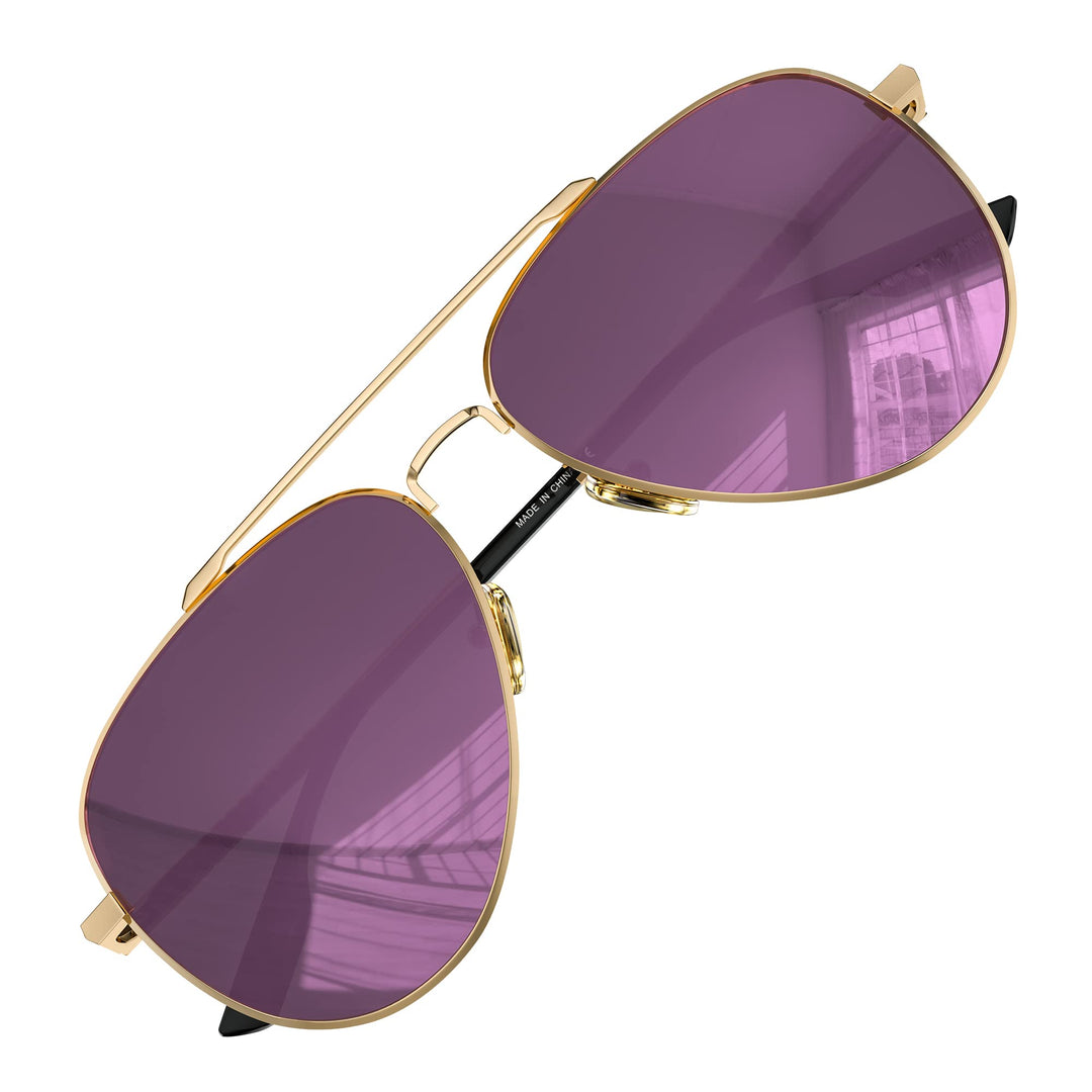 Aviator Sunglasses for Mens Womens Polarized Purple Lens Metal Gold Frame 60mm