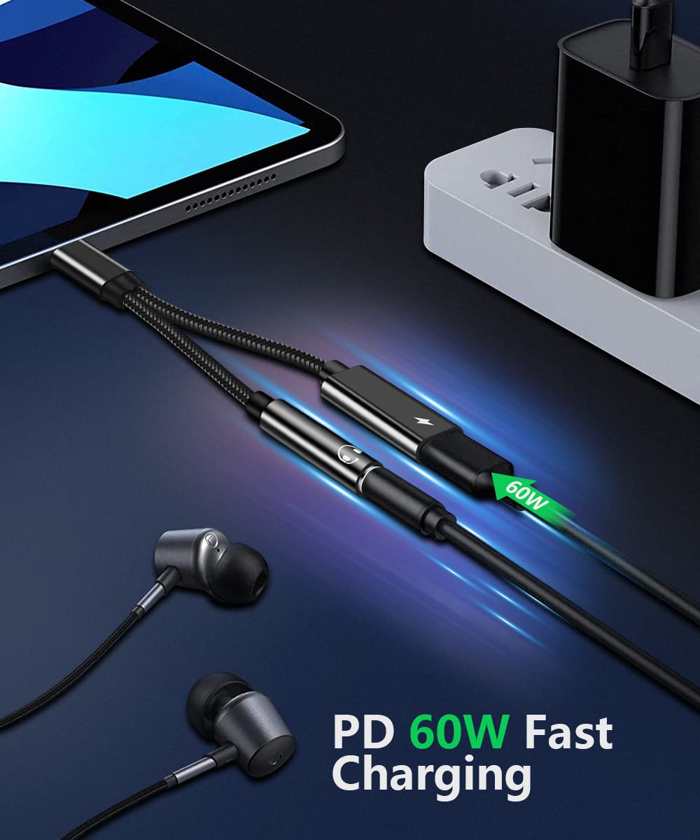 2 in 1 USB C to 3.5mm Headphone Audio and Charge Adapter, Type c to Aux Audio with PD 60W Fast Charge Adapter fit with iPhone 16 15 Pro Max, Galaxy S24 S23 S22, Pixel 9 8 7 6, iPad Pro/Macbook Air