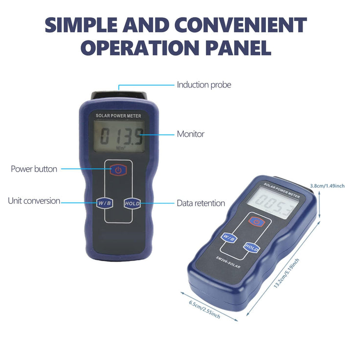 Solar Power Meter Digital Solar Power Meter Sunlight Meter Sun Light Radiation Measuring for Radiations Measuring Testing Instrument Solar Power Radiation Meter W/m²&Btu Two Units