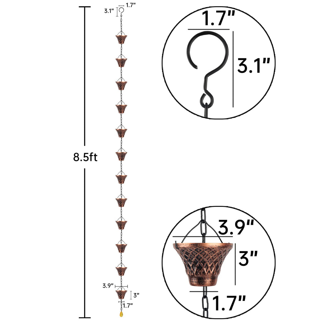 Rain Chains for Downspouts Copper Rain Catcher Substitution Decorative Garden Rainwater Diverter Outdoor Home Decor 8 1/2 Feet Long