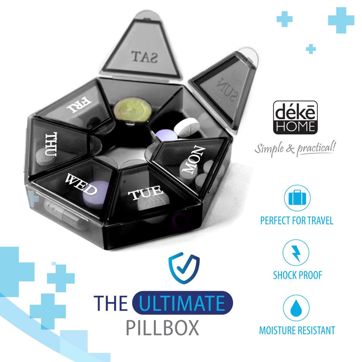 7-Sided portable pill box medicine planner small case (seven day weekly travel container) Medication, vitamin holder boxes organizer pillbox dispenser organizer, sorter and reminder containers (Black)