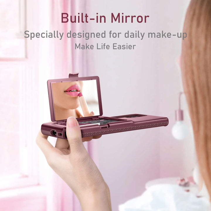 for Samsung Galaxy S22 Ultra Wallet Case with Credit Card Holder & Hidden Mirror, All-Round Protection Shockproof Phone Cover Designed for Samsung Galaxy S22 Ultra, 6.8 Inch Burgundy