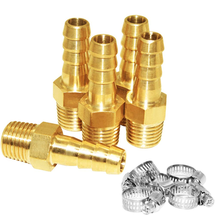 5 Pcs Hose Barb Fittings 1/4 Barb to 1/4 NPT Male Thread Brass Metals Adapter Connector with Hose Clamp